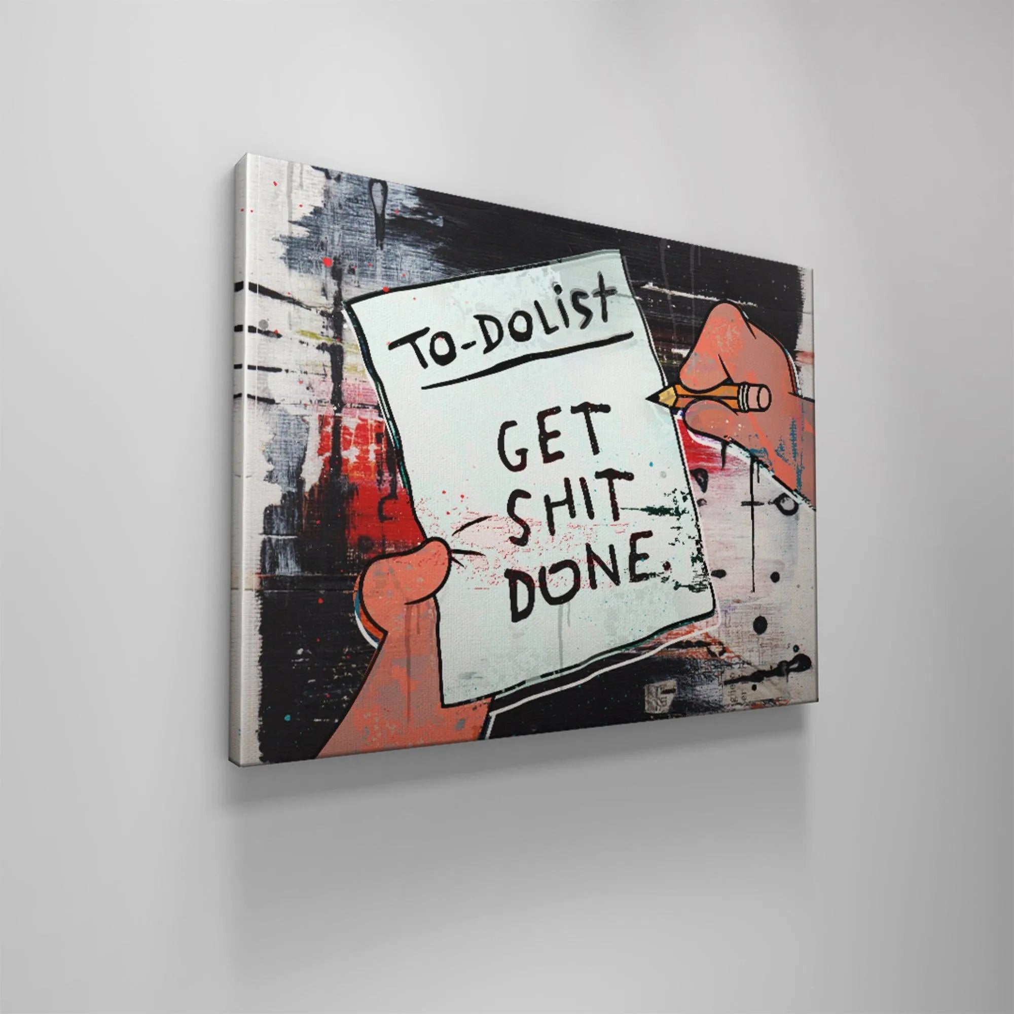 Lifestyle image of the 'Get Shit Done List' art hanging in a minimalist home office setting.