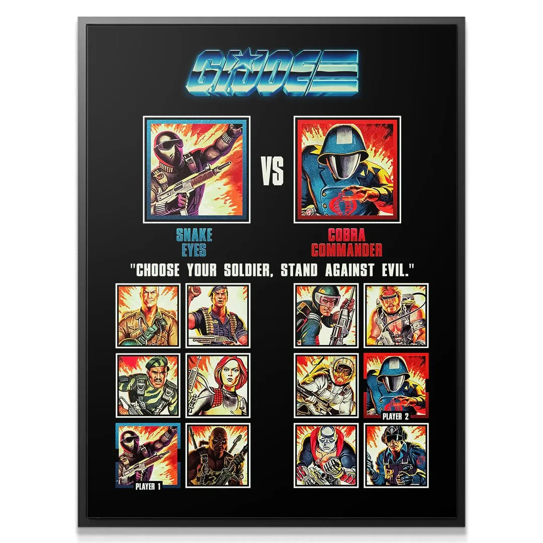 Wide shot of the full 12-character selection screen format for GI JOE - Choose Your Soldier, Stand Against Evil.