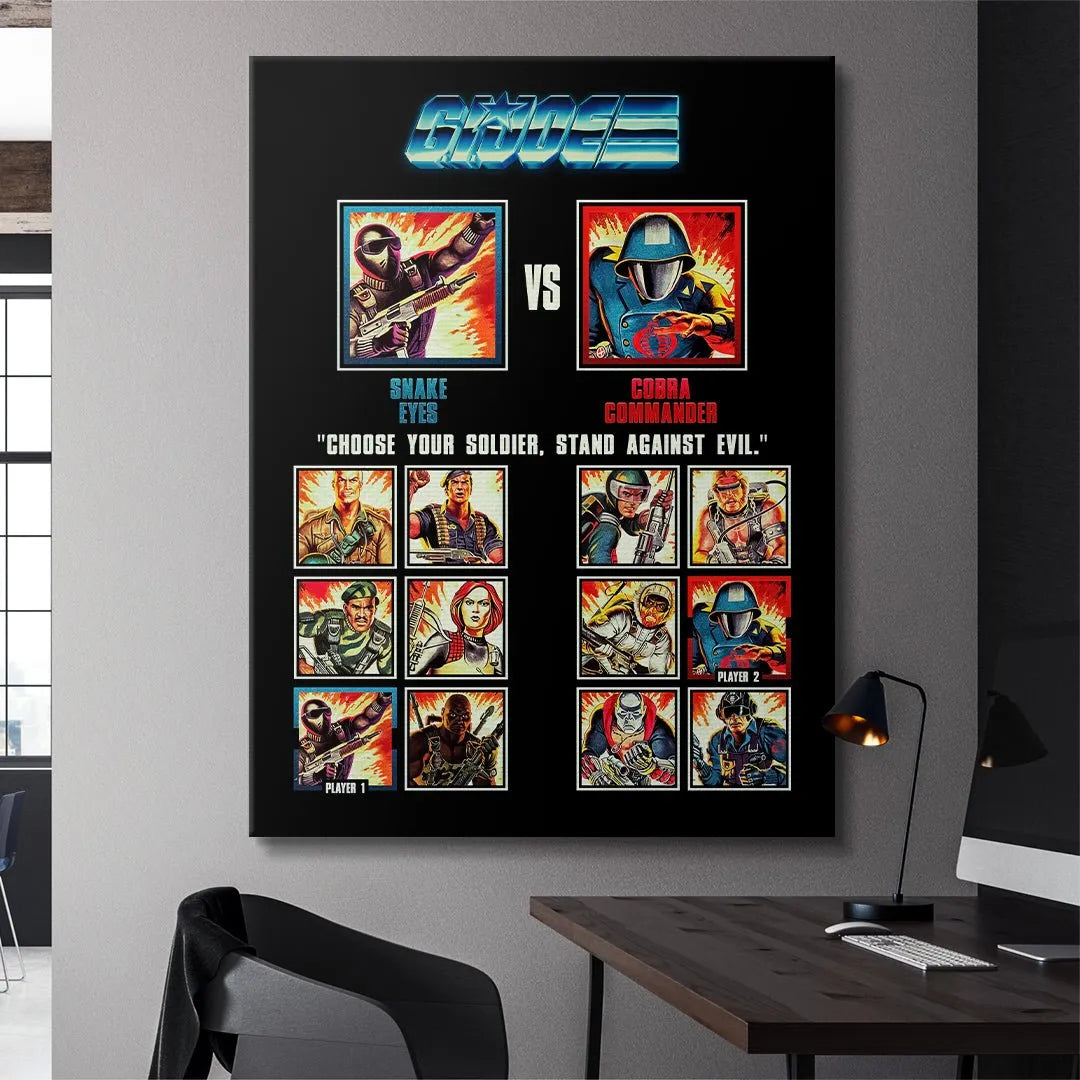 Lower section of the poster showing 'Player 1' and 'Player 2' selection boxes in GI JOE - Choose Your Soldier, Stand Against Evil.