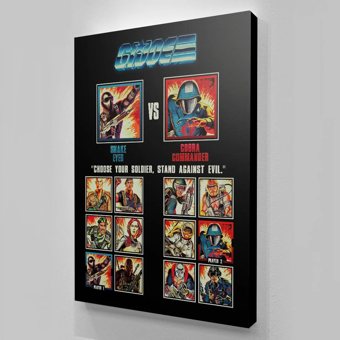 Angled view of Cobra Commander contrasted against Snake Eyes in the key battle of GI JOE - Choose Your Soldier, Stand Against Evil.