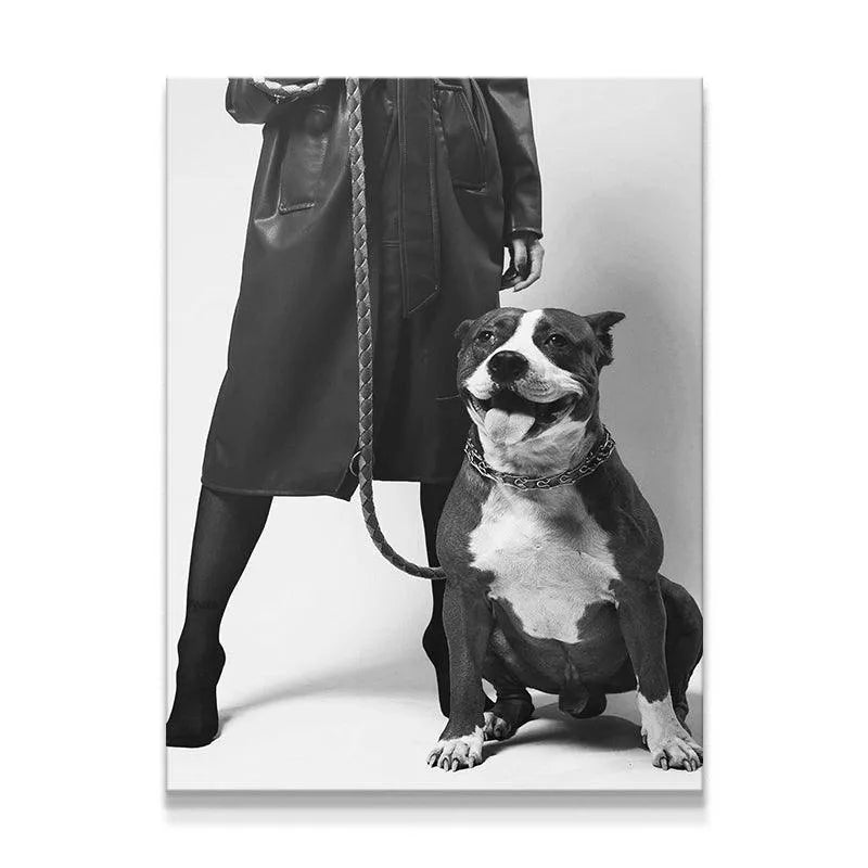 Bold black and white lifestyle photo featuring a confident woman and her loyal 'Girls Best Friend' standing side-by-side.