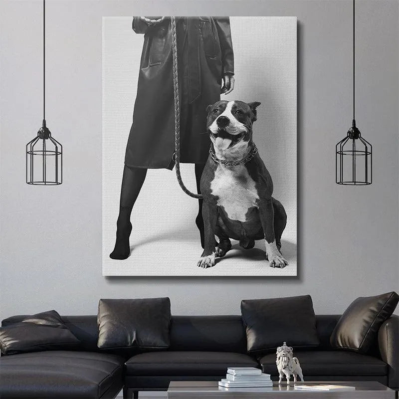 Low-angle view highlighting the stylish leather trench coat, stockings, and heels of the owner and her 'Girls Best Friend'.