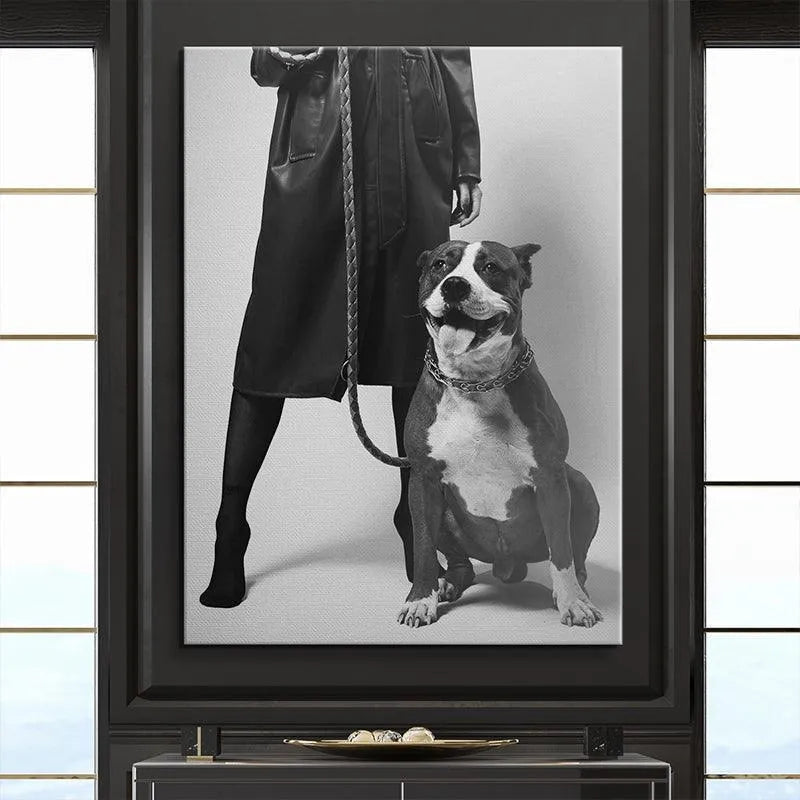 Detailed focus on the heavy, stylized metal chain collar worn proudly by the strong canine, the ultimate 'Girls Best Friend'.