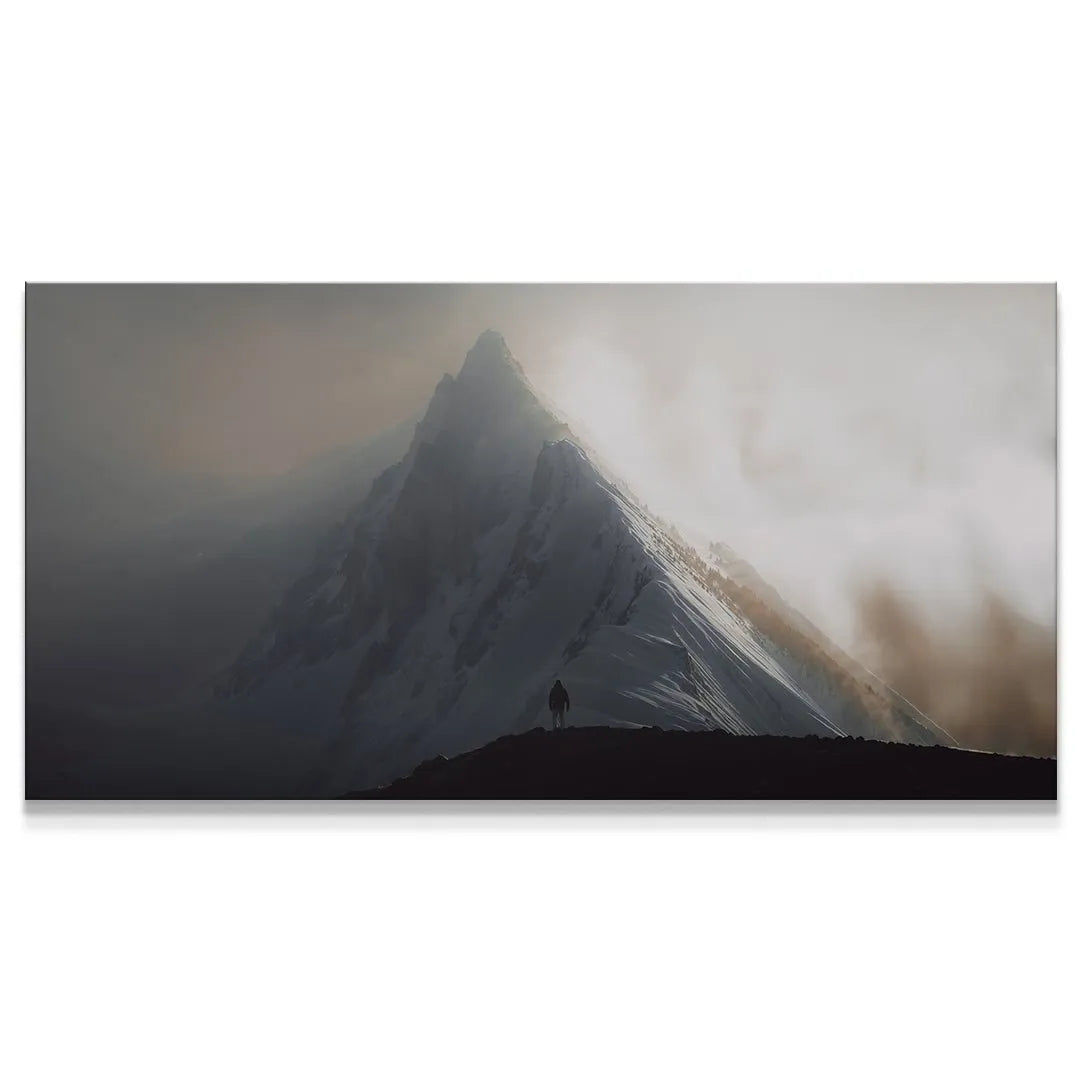Lifestyle rendering showing the 'Give Everything' mountain print hung above a modern desk setup for inspiration.
