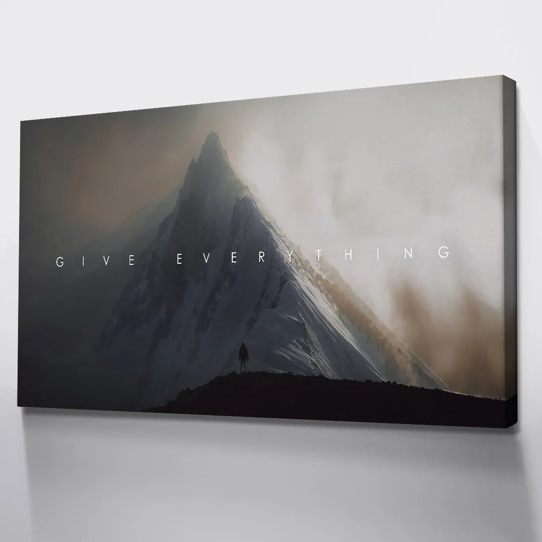 High-resolution print showing the fine lines of the distant, mist-covered mountain requiring one to 'Give Everything'.