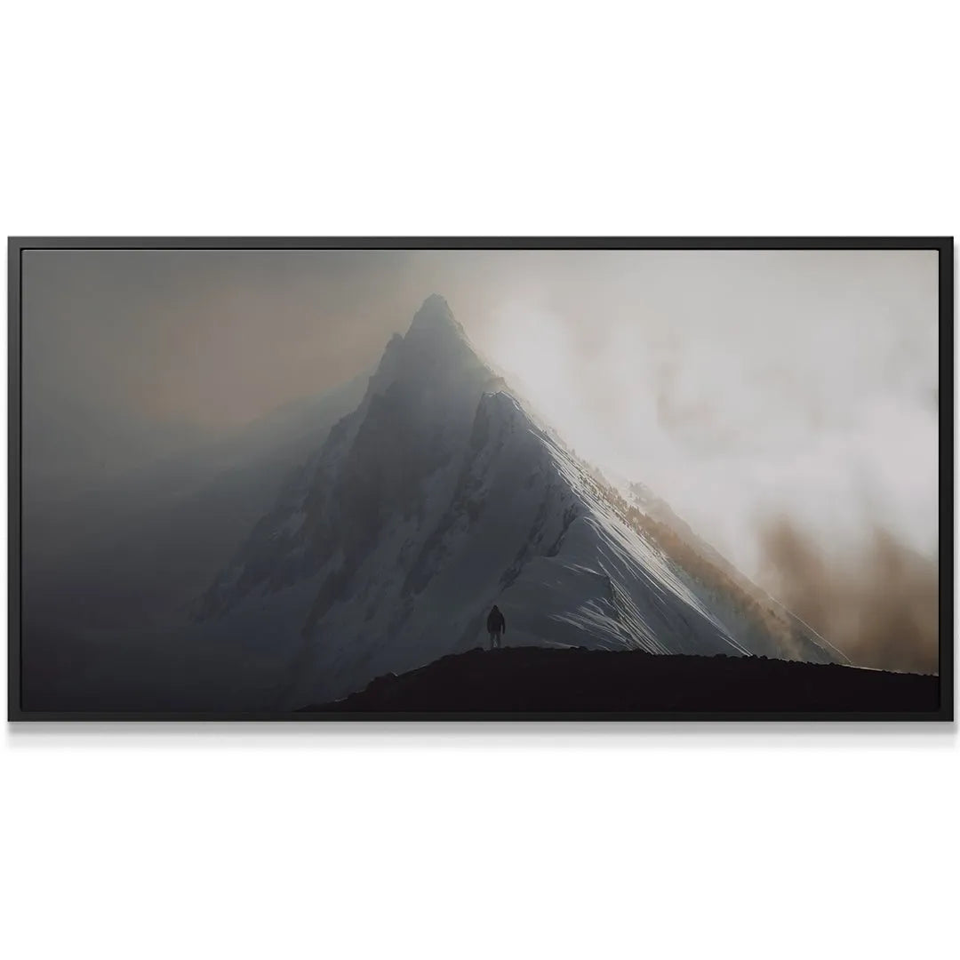 Solitary hiker silhouette on a dark, snow ridge against the immense peak—the scene is 'Give Everything (No Quote)'.