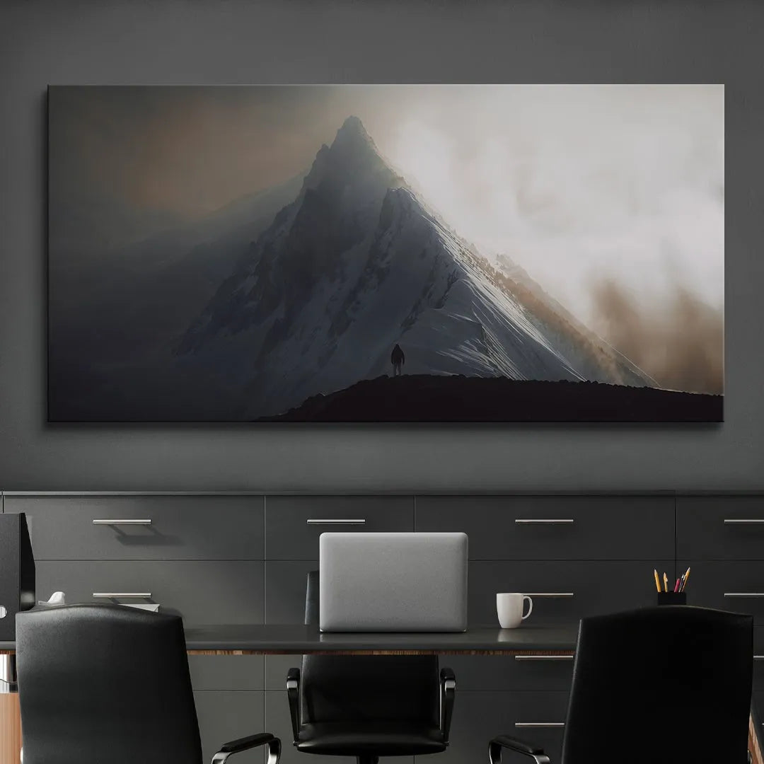 Wide shot showcasing the dramatic contrast between the illuminated peak and the shadowy foreground ridge, embodying 'Give Everything (No Quote)'.