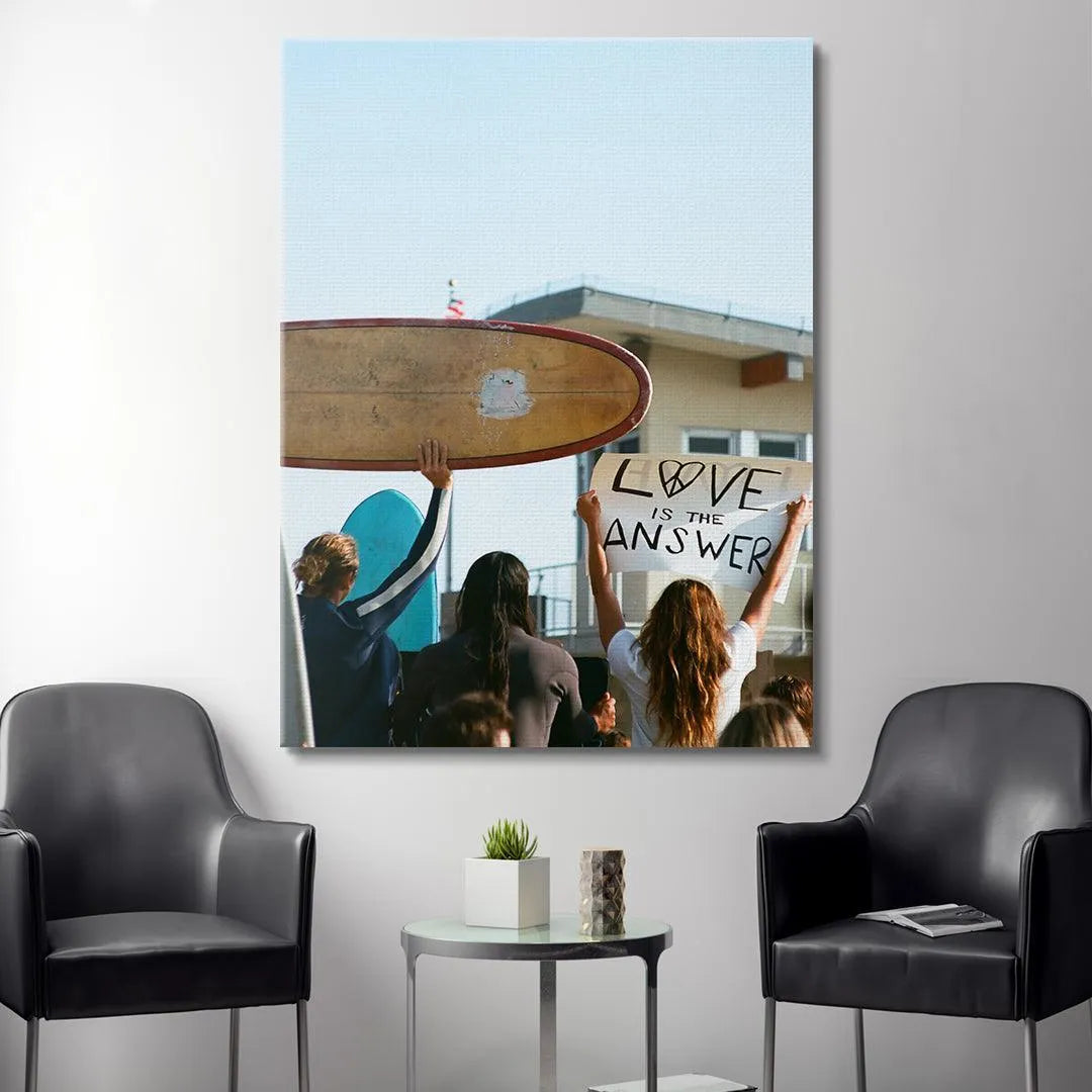 Three figures viewed from behind, promoting surf culture and peace; Give Love wall decor.