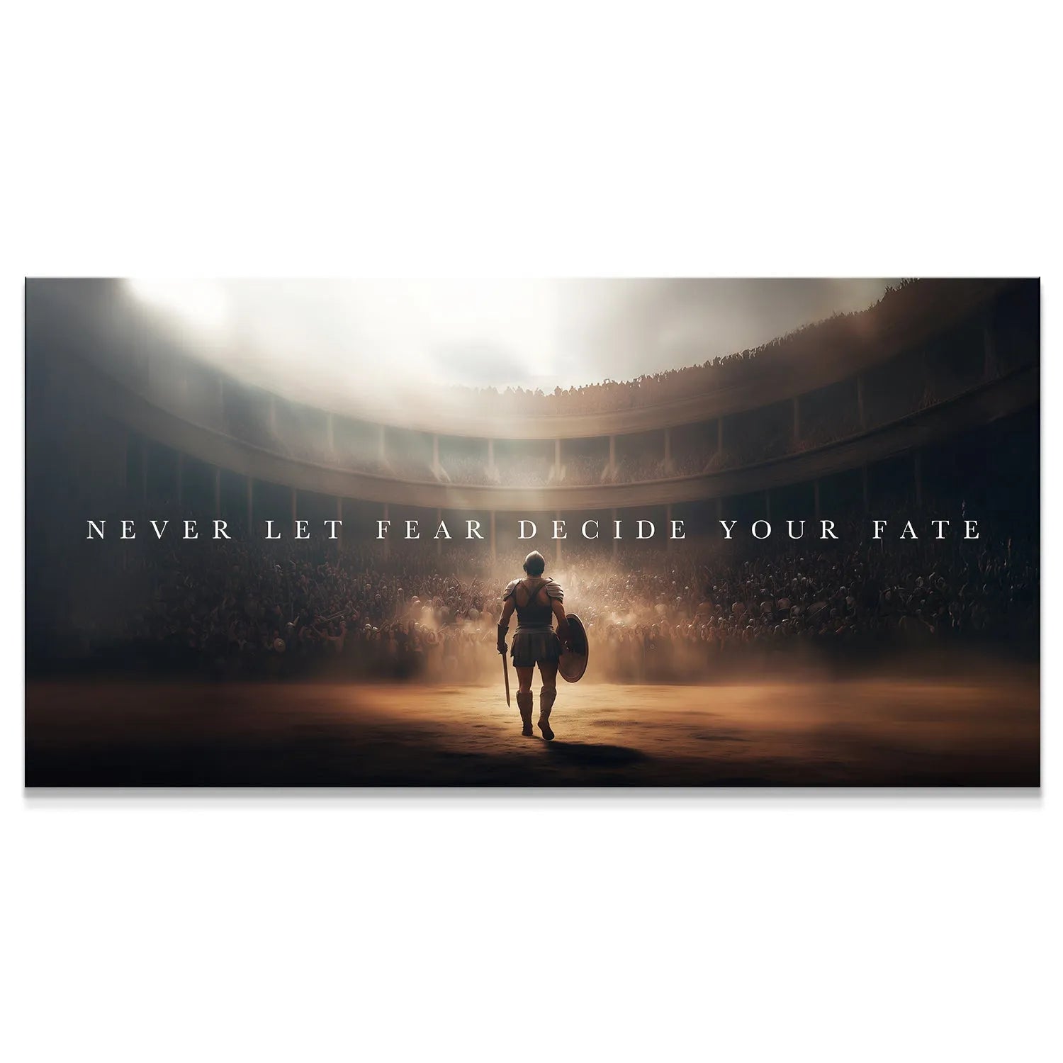 Wide-angle view of the Colosseum floor featuring the solitary gladiator and the text 'Gladiator - Never Let Fear Decide Your Fate'.