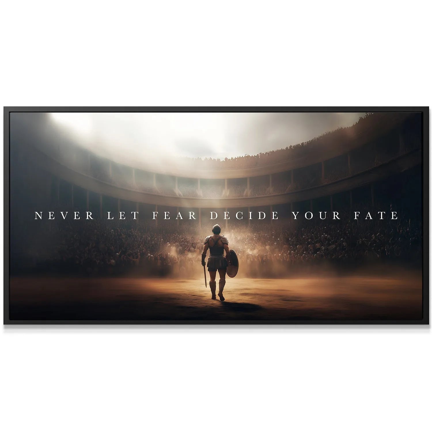 Close-up texture of the dusty arena floor with the inspirational message 'Gladiator - Never Let Fear Decide Your Fate'.