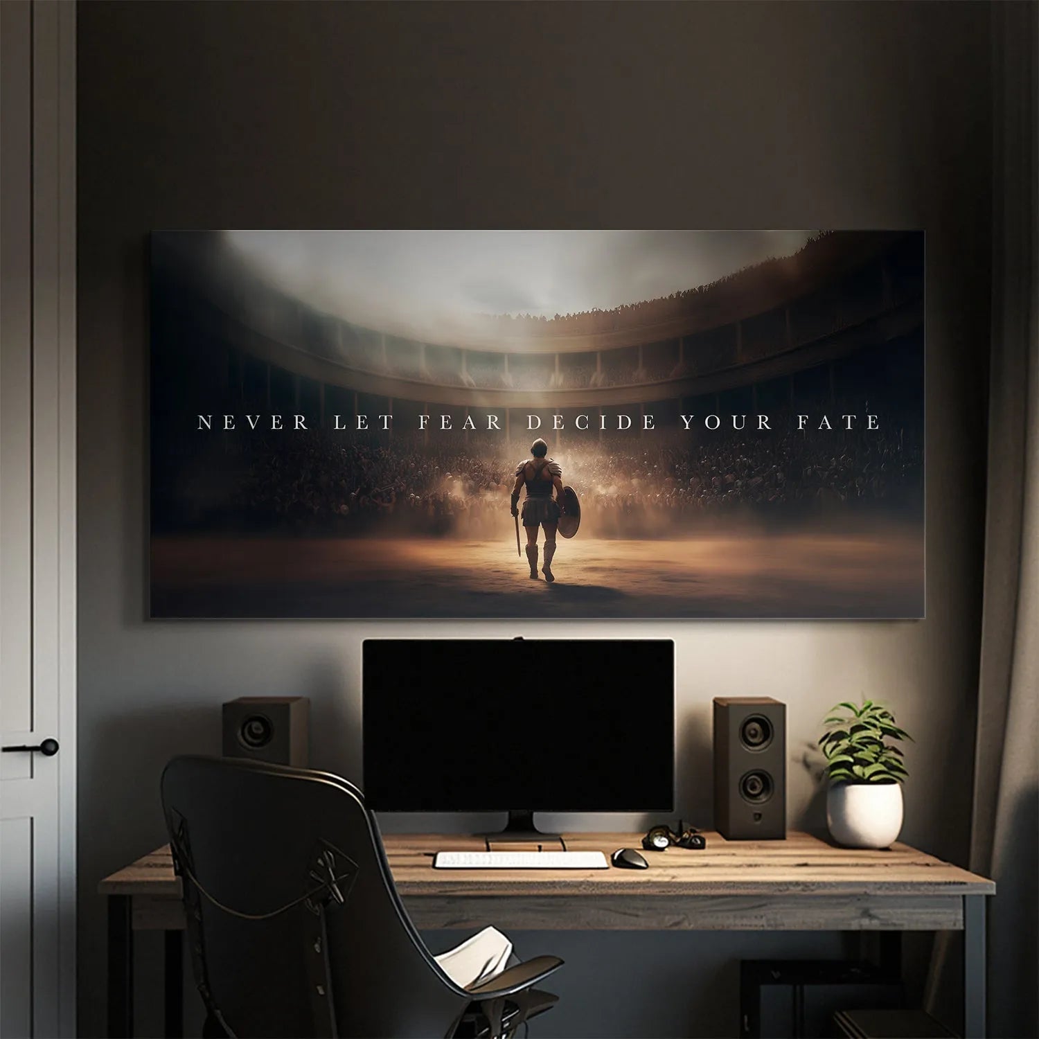 Dramatic spotlight illuminating the single fighter in the canvas print 'Gladiator - Never Let Fear Decide Your Fate', emphasizing atmosphere.