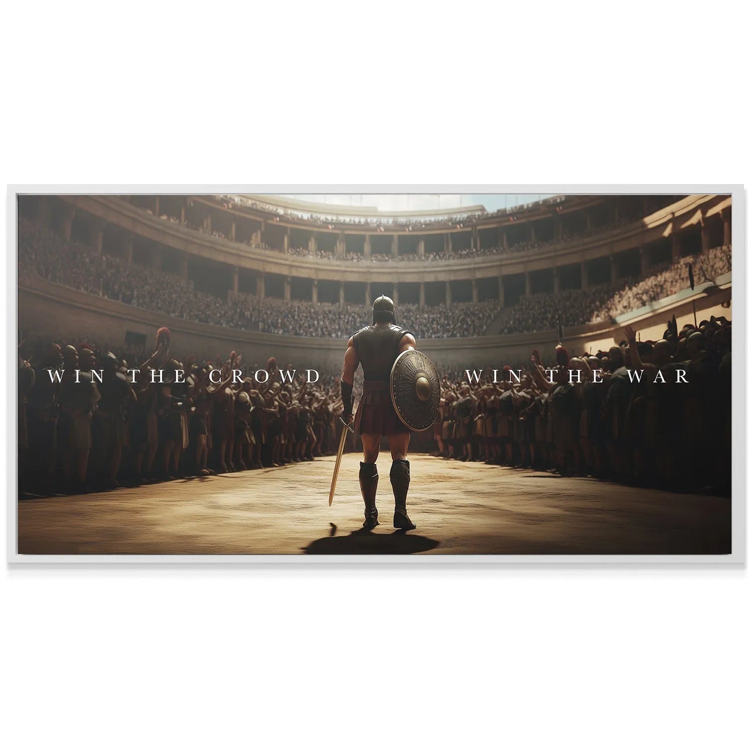 Rear view of the lone gladiator holding a sword and shield, facing the huge crowd in Gladiator - Win The Crowd.
