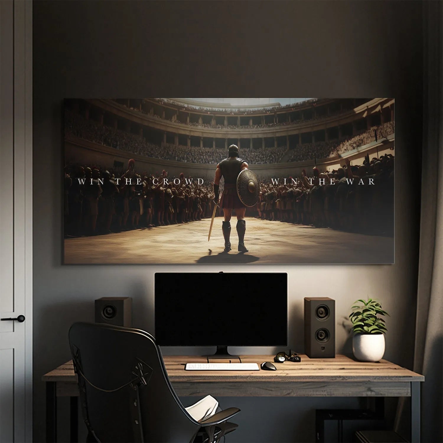 Lifestyle shot of the motivational wall art "Gladiator - Win The Crowd" hanging prominently in a modern office setting.