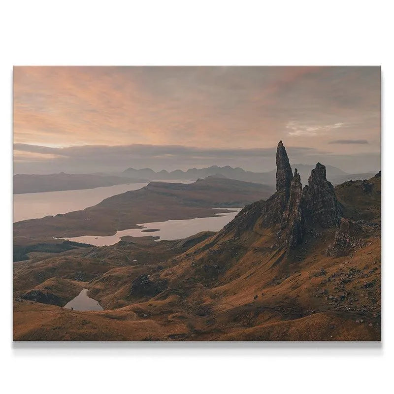 Panoramic view of 'Glimpse of Storr' showing the wide valley and distant lochs under sunset clouds.