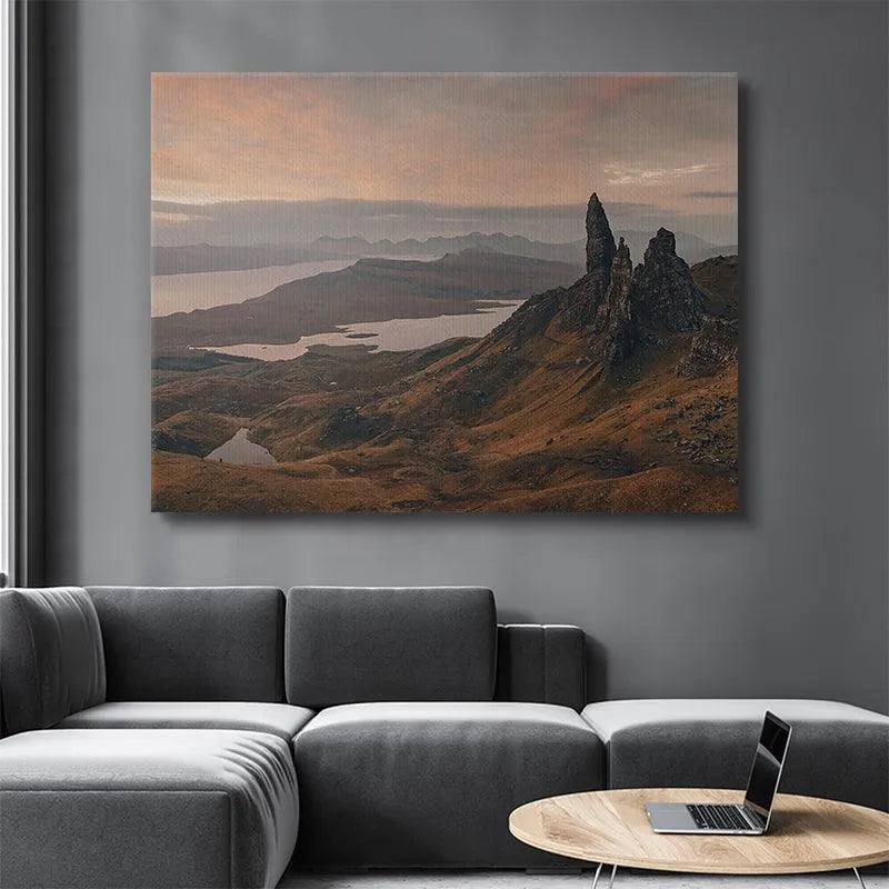 Scenic photography of 'Glimpse of Storr' with emphasis on the foreground's brown, grassy moorland texture.