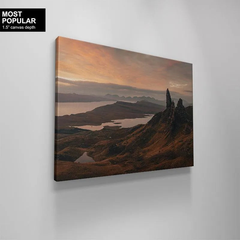 Dramatic aerial-like angle of the 'Glimpse of Storr' overlooking the calm waters of the inlet.