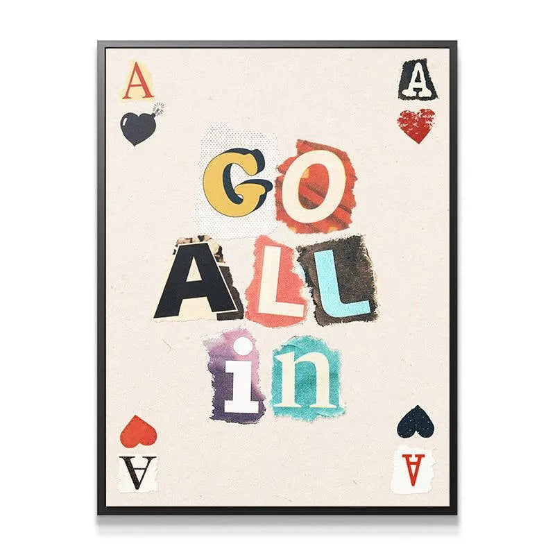 Close-up detail showing the distressed newspaper texture used in the phrase "Go All In".
