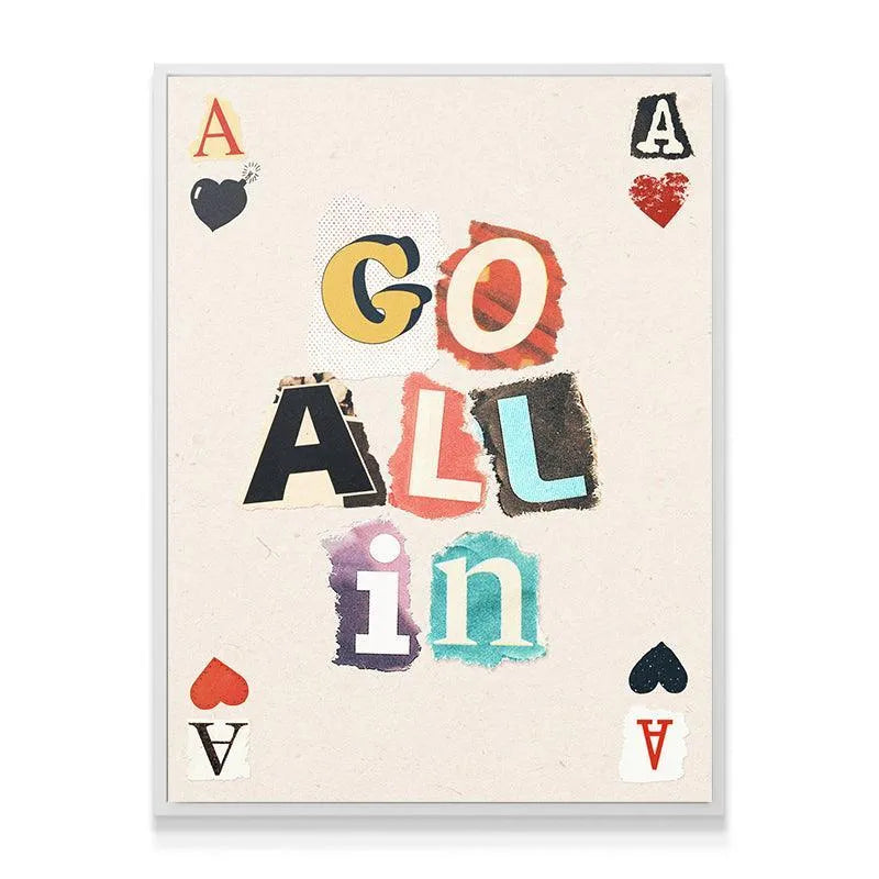 Vertical angle of the Ace card artwork emphasizing the central message "Go All In".