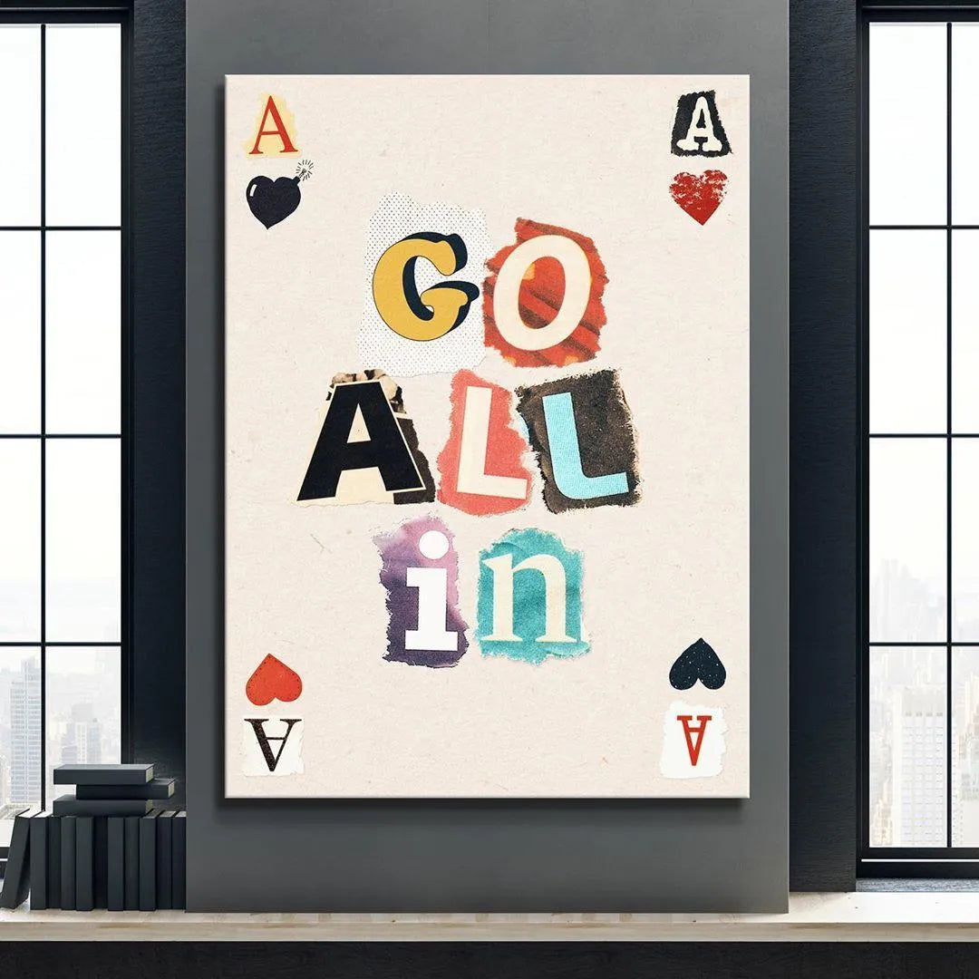 Corner detail highlighting the stylized heart ace next to the powerful text "Go All In".