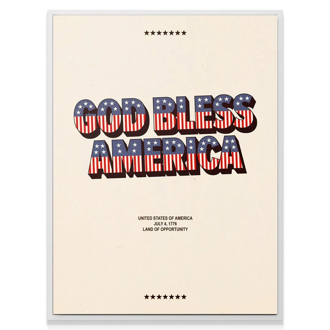 Angled view of the thick paper stock texture of the God Bless America - Type Poster print.
