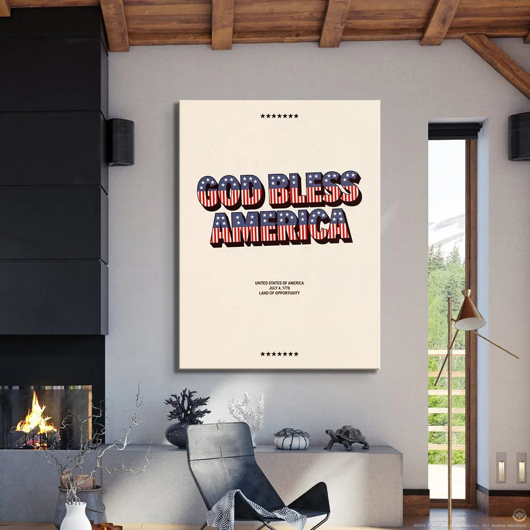 Lifestyle mock-up of the God Bless America - Type Poster displayed in a rustic living room setting.