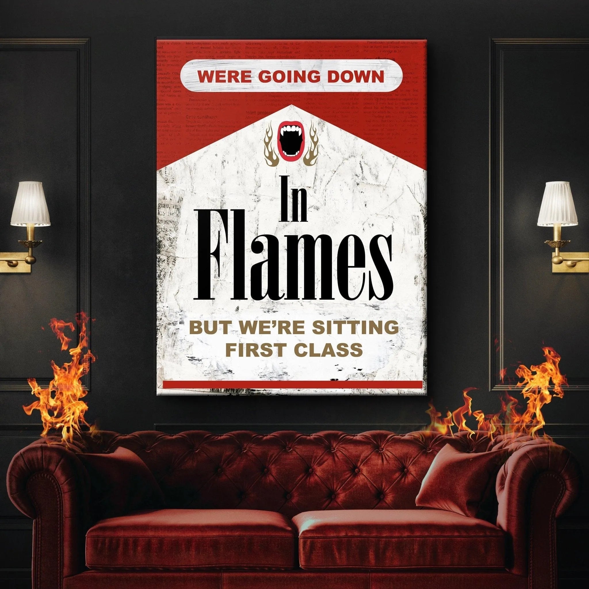 Macro shot focusing specifically on the distressed white texture beneath the black 'Flames' typography in Going Down In Flames.