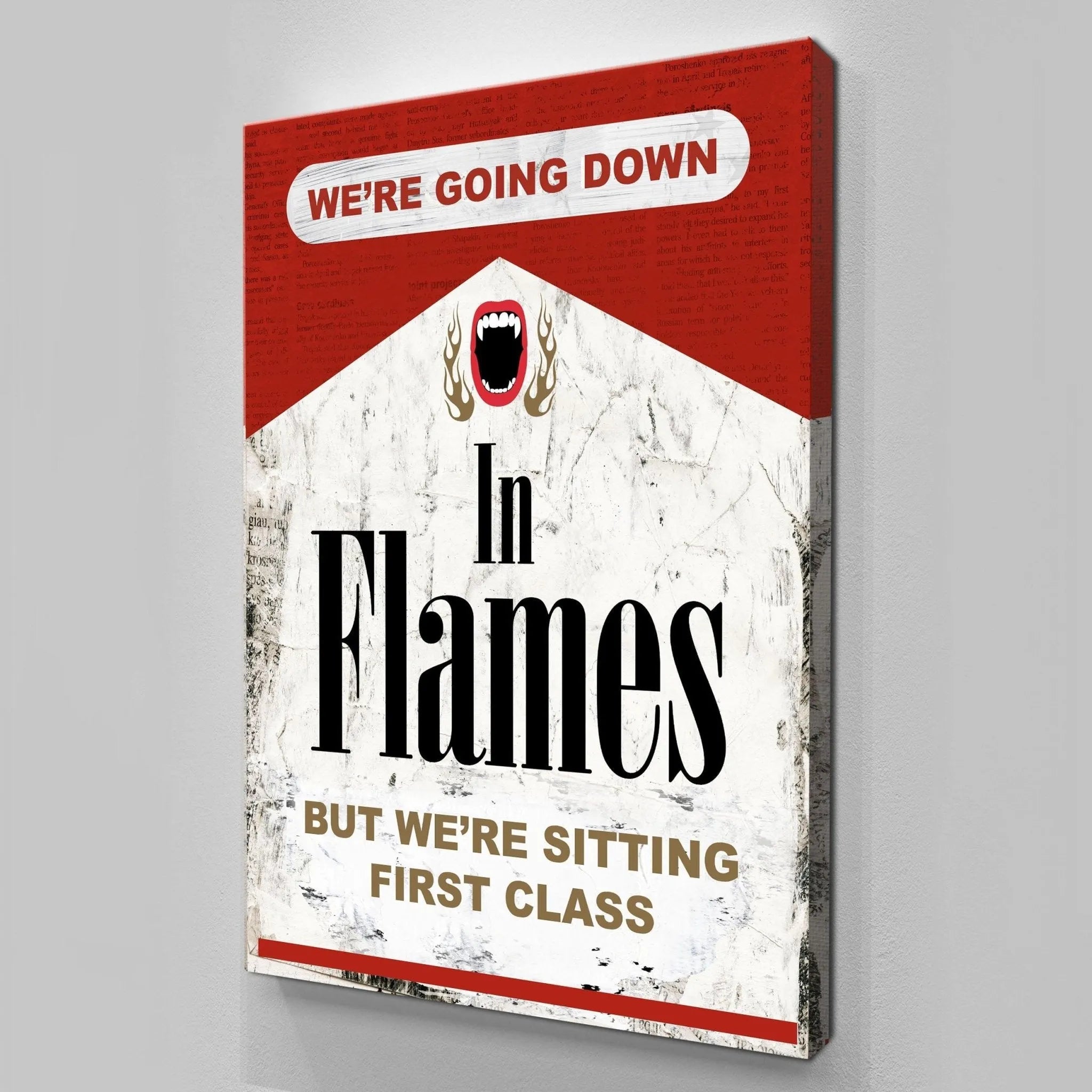 Digital rendering of the Going Down In Flames print against a dark, industrial exposed brick wall.