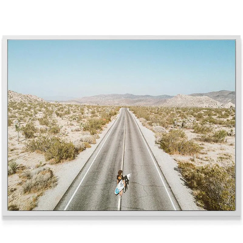 Wide shot featuring the vast blue sky and distant mountains in the Going Places travel art print.