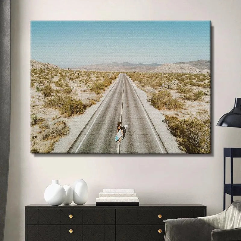 Lifestyle context of the Going Places art piece hanging above a modern living room sofa.