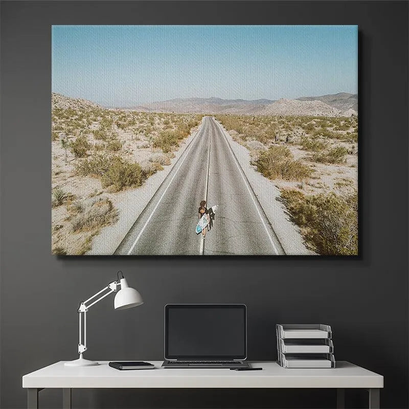 Vintage filtered aerial perspective of the classic road trip scene, capturing the spirit of Going Places.