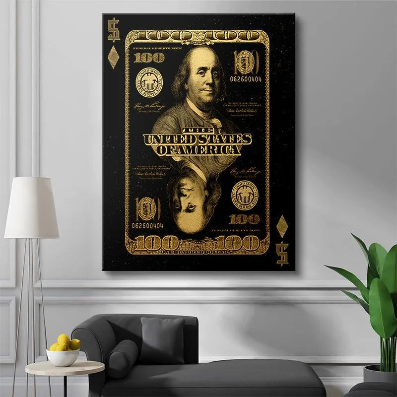 Oblique angle showing the reflective gold foil elements of the Benjamin Franklin GOLD CARD.