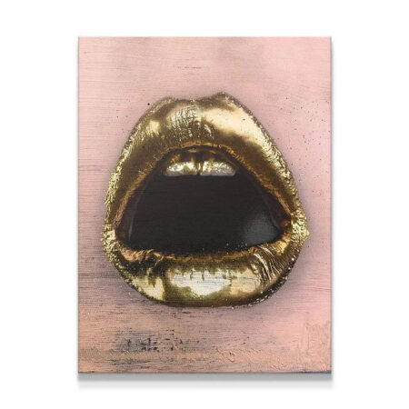Full frontal view of Gold Lips painting on textured pink background.