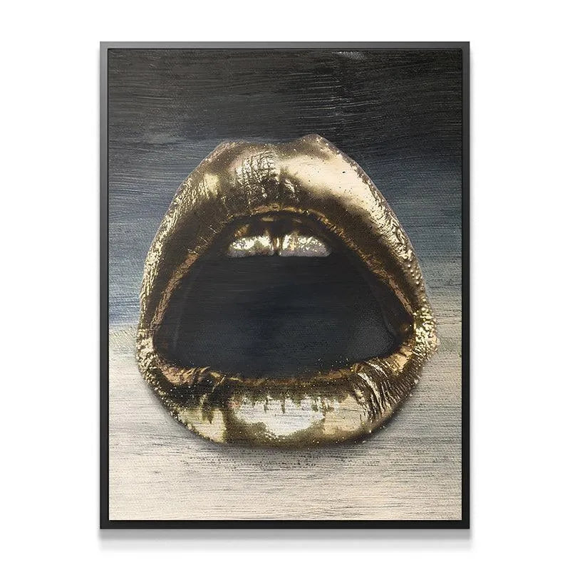 Full view of the vertical Gold Lips Gradient modern canvas print on a white background.