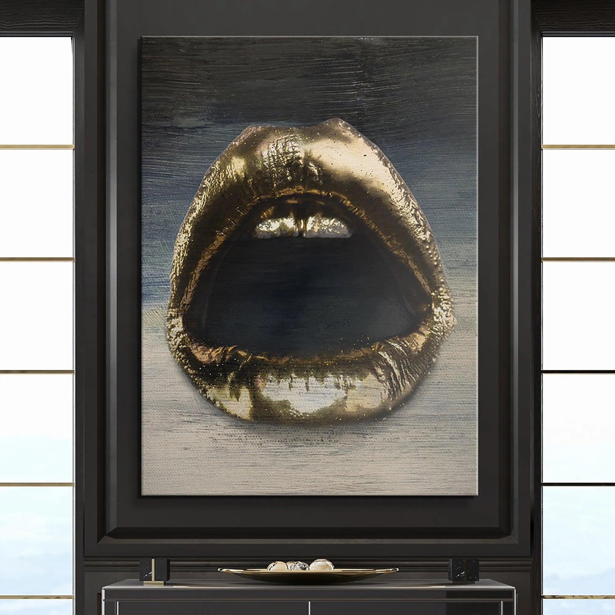 Detail of the upper lip and textured surface in the shimmering Gold Lips Gradient artwork.
