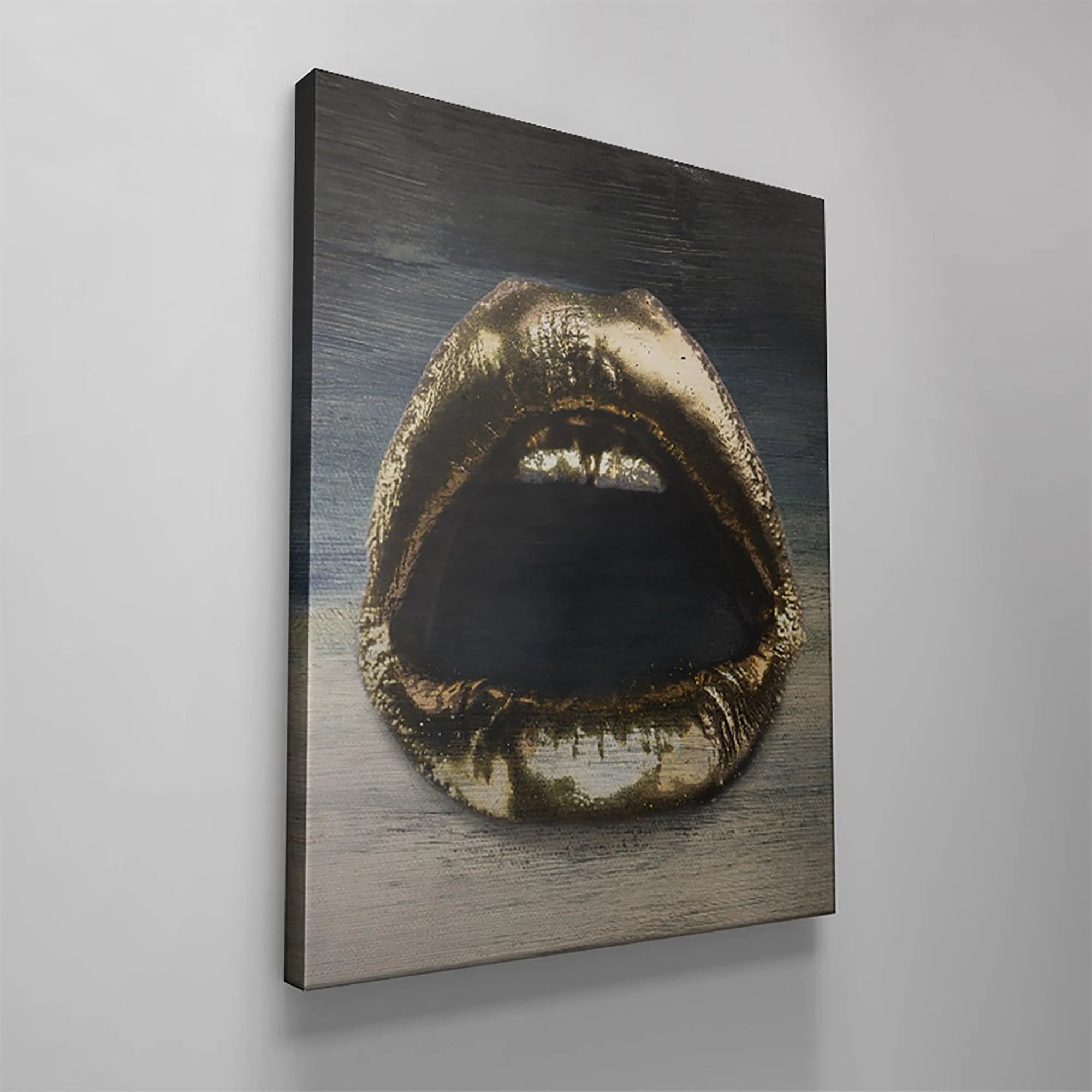 Lifestyle context shot of the Gold Lips Gradient hanging in a contemporary living room setting.