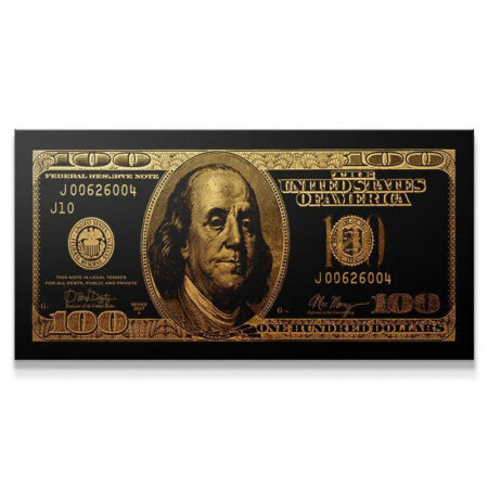 Full frontal view of the high-contrast Gold Standard $100 bill artwork.