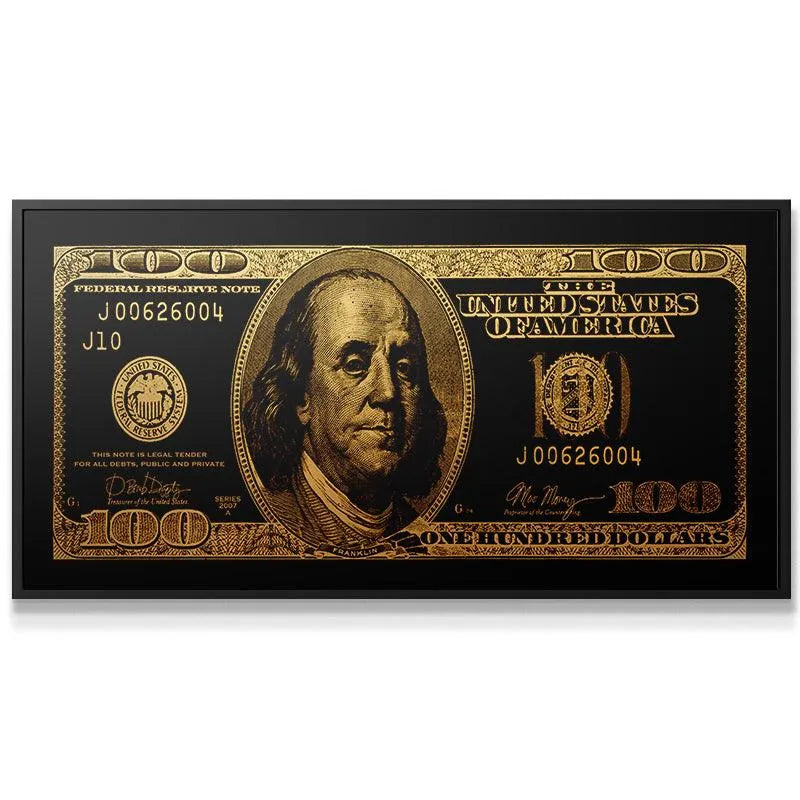 Close-up texture shot revealing the metallic sheen of the Gold Standard Benjamin Franklin portrait.