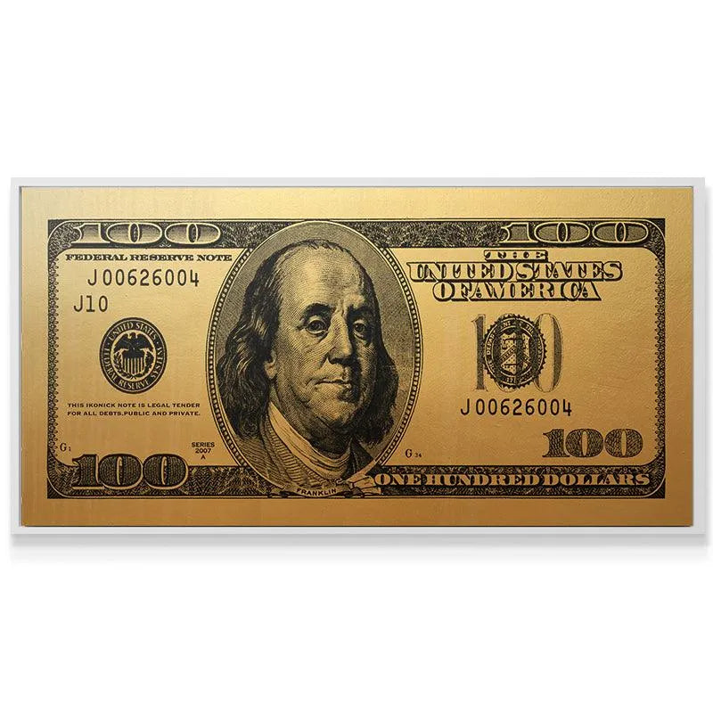 Macro detail of Benjamin Franklin's portrait featured centrally on the Gold Standard (Fort Knox Edition) note.