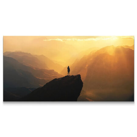 Full panoramic canvas featuring a silhouette on the Golden Cliff against a setting sun.