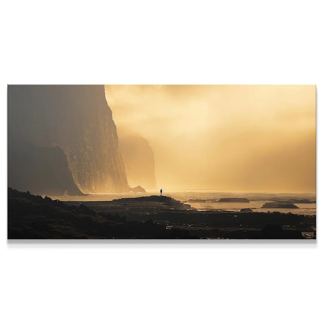 The overwhelming scale of the cliff faces illuminated by the sun on the Golden Coast panoramic print.