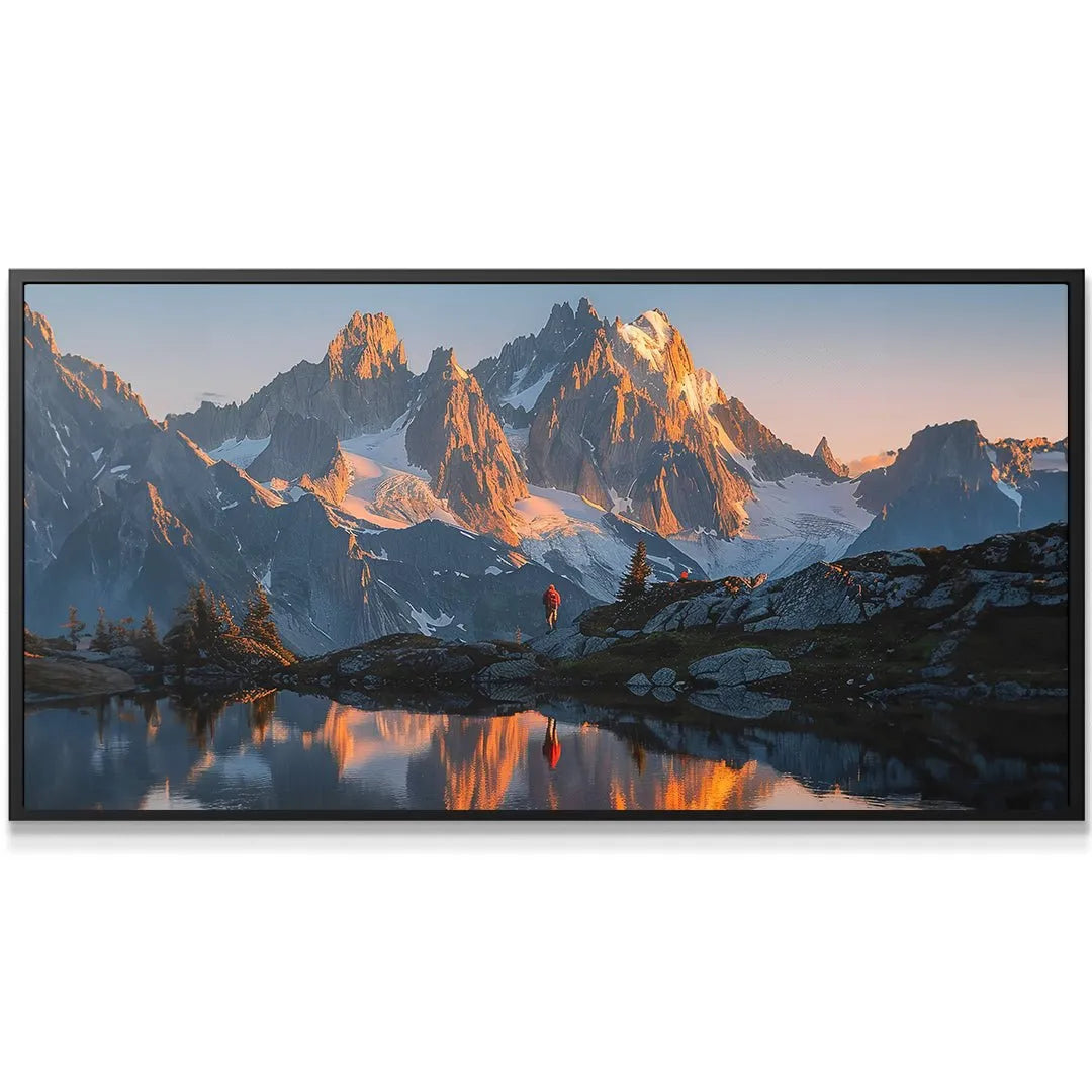 Close-up texture of the snow-capped peak glowing intensely in the 'Golden Ridge' photo.