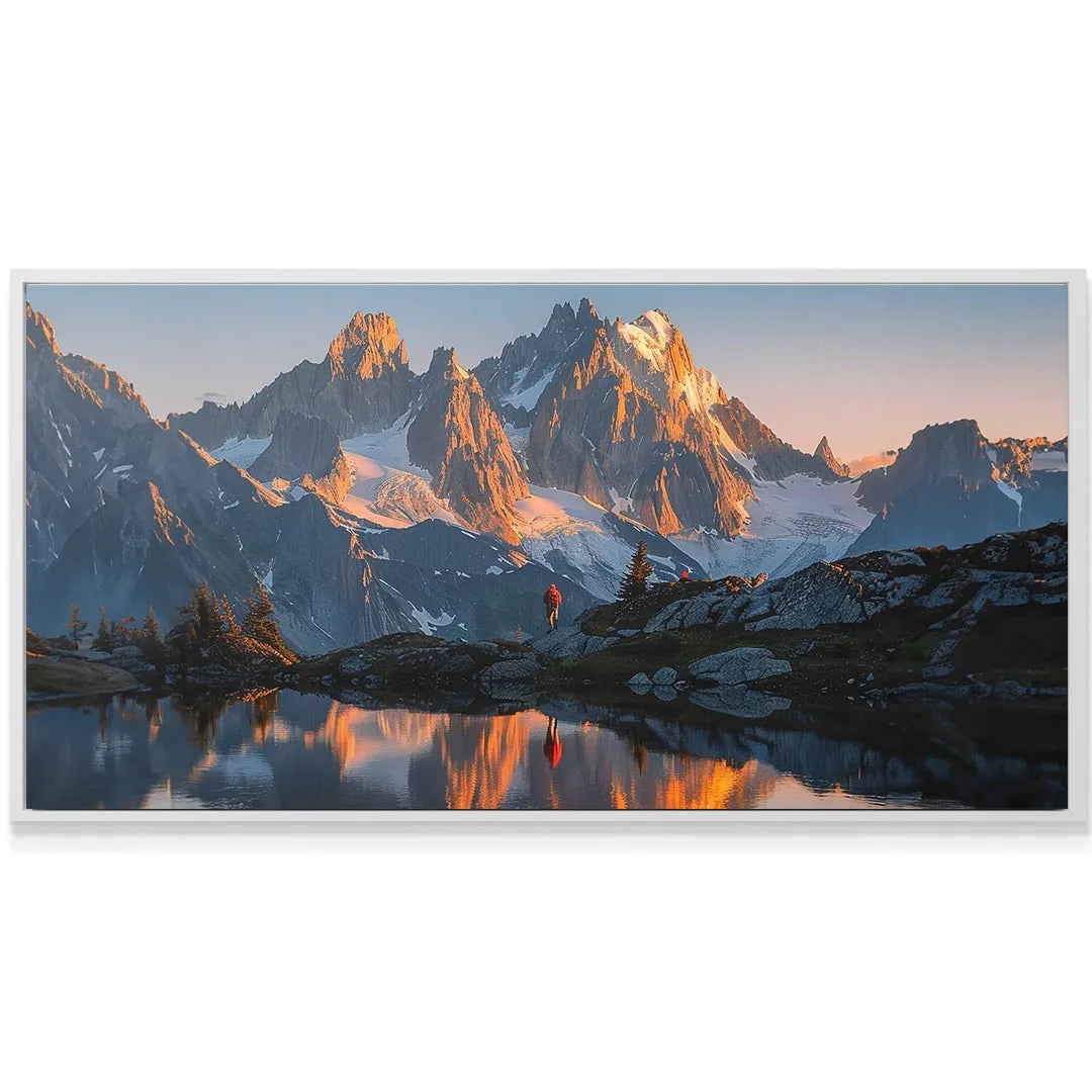 Detailed reflection of the vibrant 'Golden Ridge' mountain in the calm alpine lake surface.