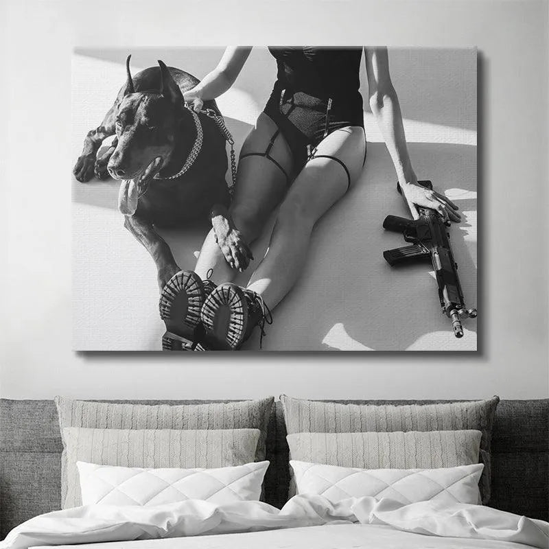 Low-angle view emphasizing the power dynamic between the figure, weapon, and the loyal 'Good Dog' Doberman.