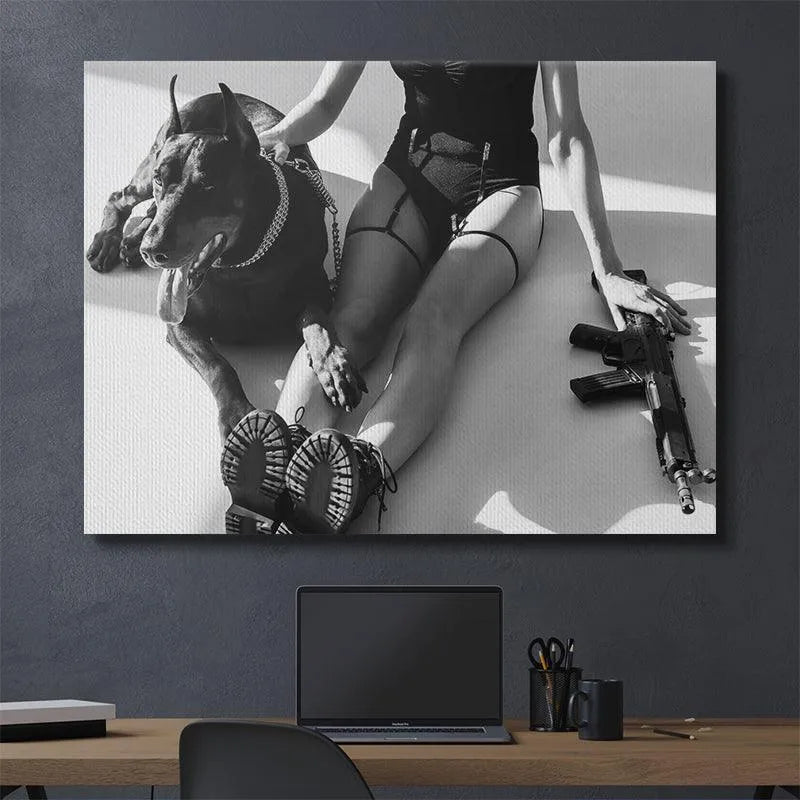 Edgy interior decor statement featuring the 'Good Dog' print showcasing dominance and protection.