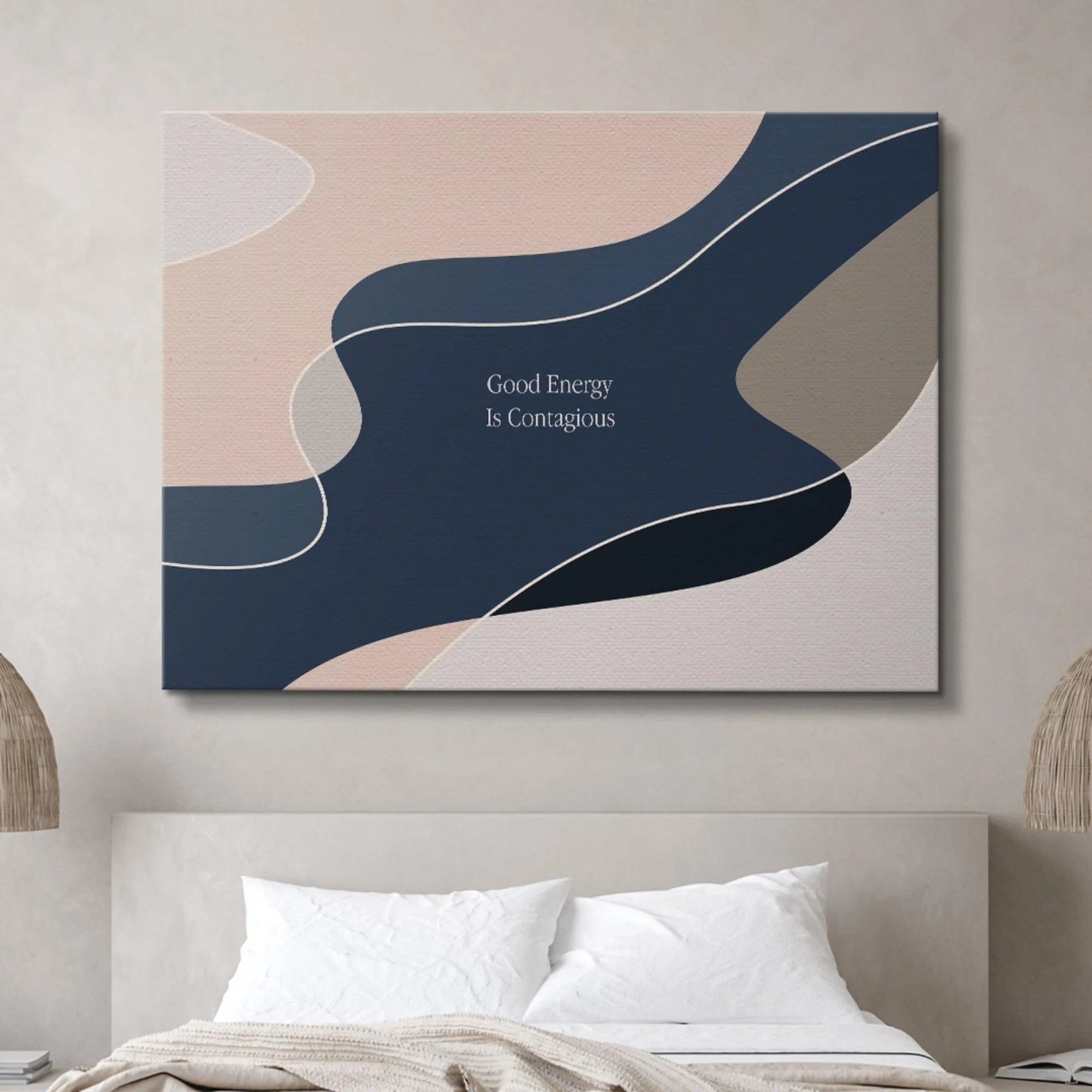 Side angle perspective of the contemporary Good Energy artwork mounted on a white wall.