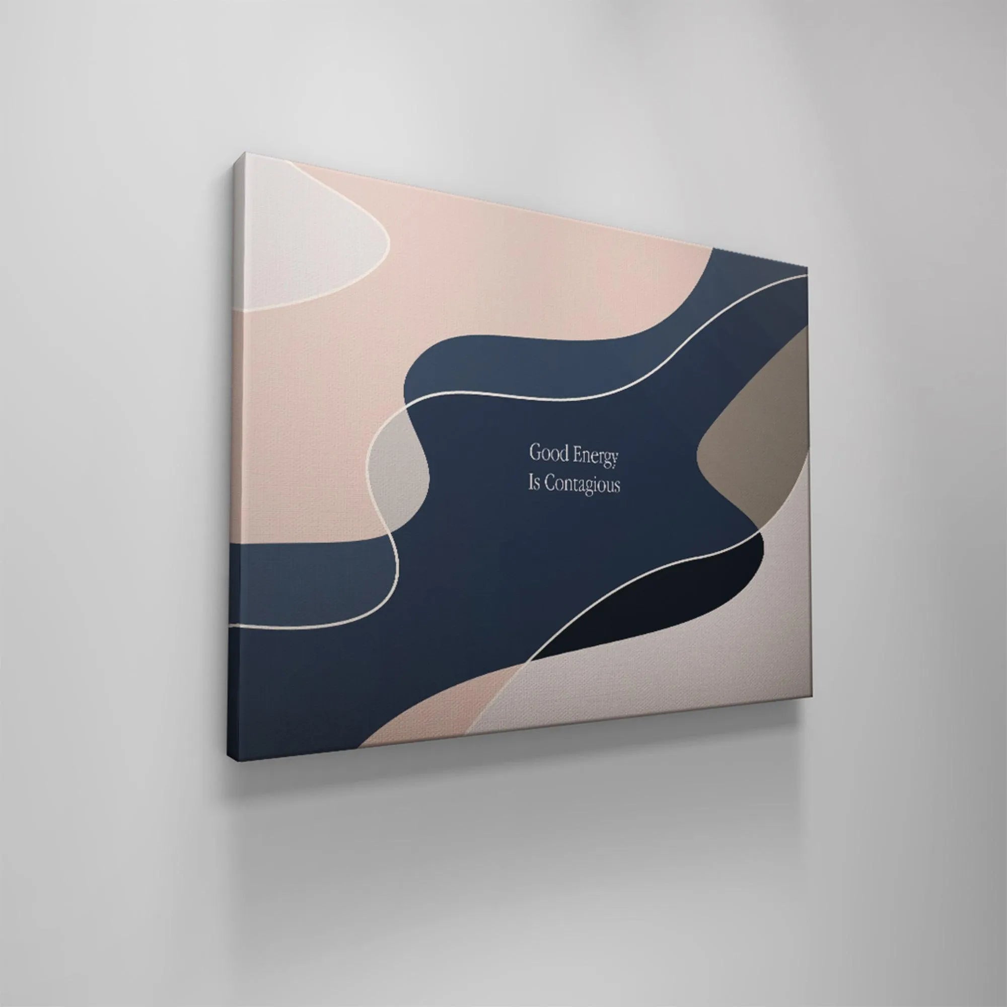 The Good Energy Is Contagious quote centered within the dominant navy color block.