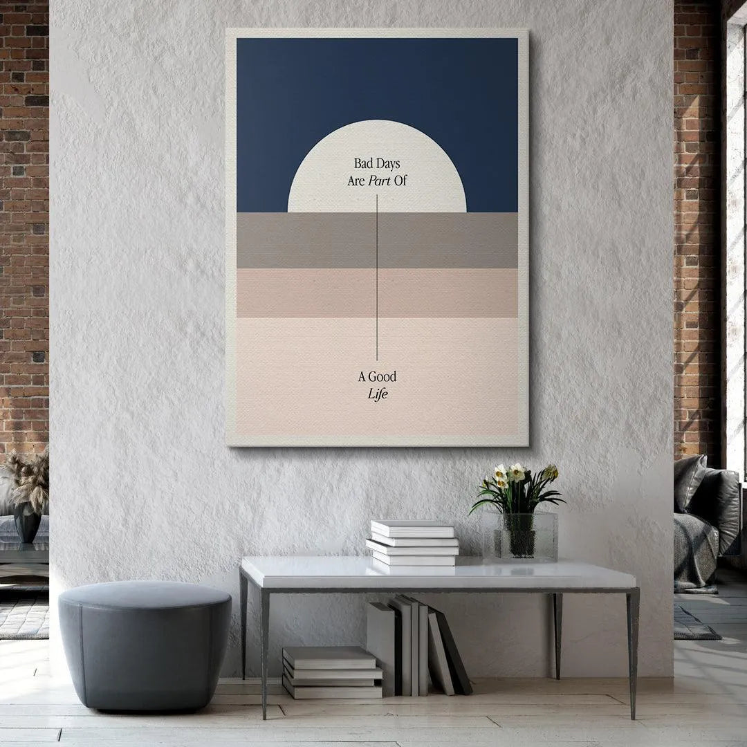 Lifestyle view of the 'Good Life' artwork displayed above a sleek, mid-century modern desk.