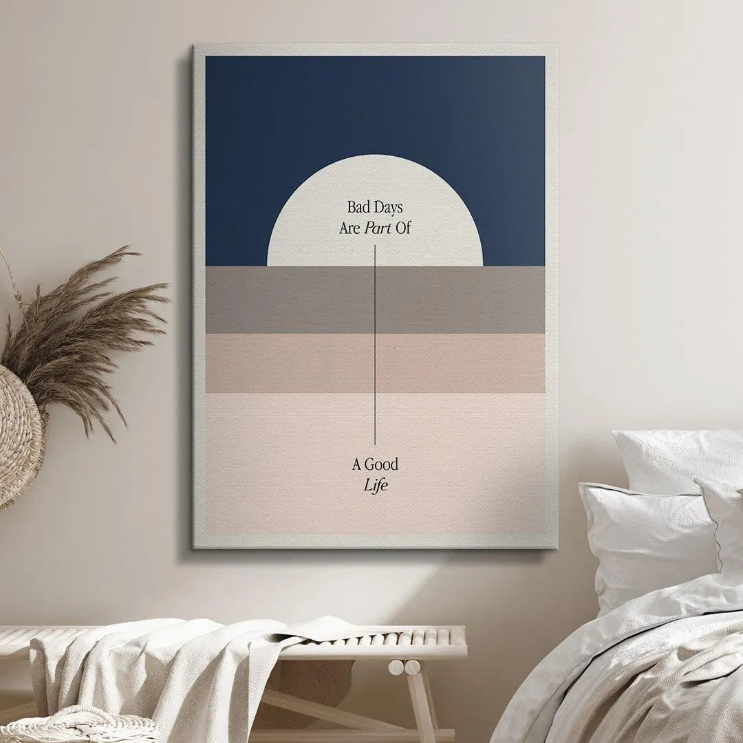 The color block transition detail featuring navy blue and taupe in the 'Good Life' motivational print.