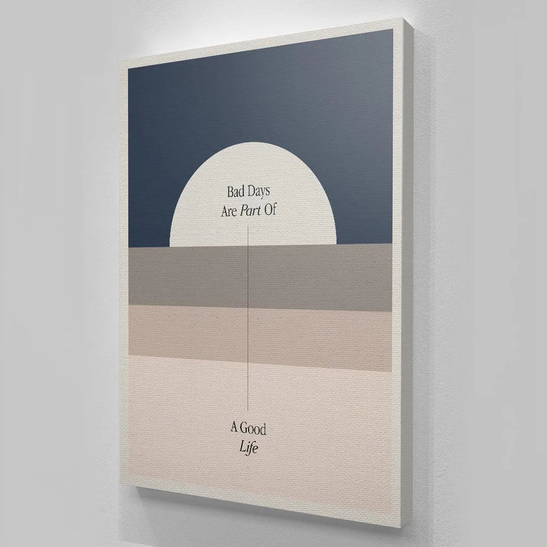 The blush pink and taupe horizontal lines emphasizing the balance in the 'Good Life' artwork.