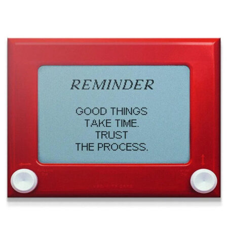 Full frontal view of the red framed motivational art saying 'Good Things Take Time. Trust The Process'.